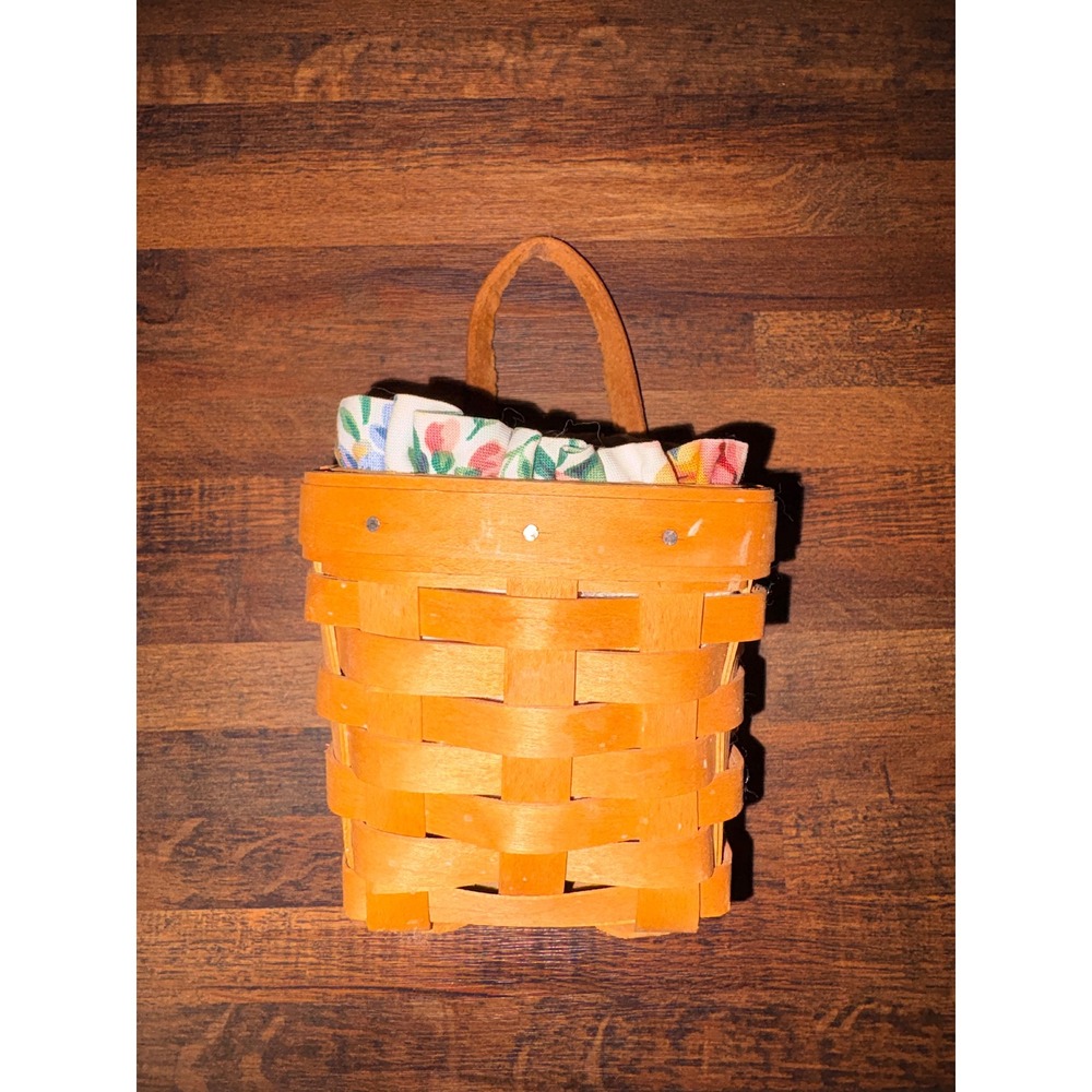 Longaberger Handwoven Small Wall Basket Leather Handle Floral Liner Protector